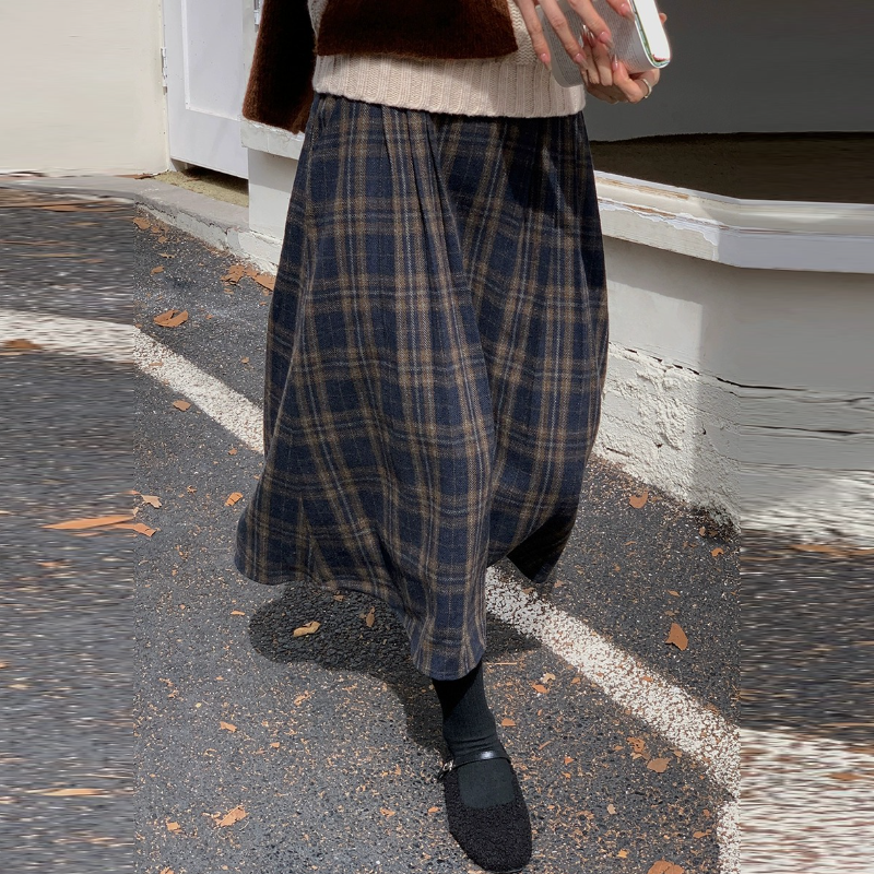 復古格紋毛呢中長裙 高腰A字傘裙 寬鬆顯瘦 修飾臀胯 秋冬百搭