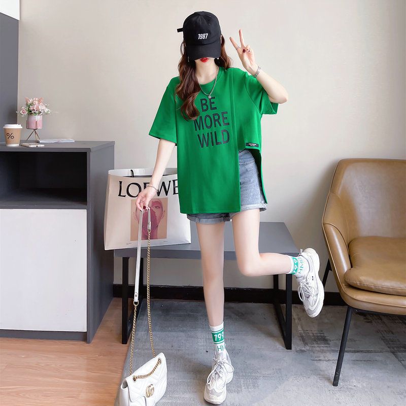 大尺碼字母不對稱開衩短袖T恤 棉花糖女孩寬鬆顯瘦上衣