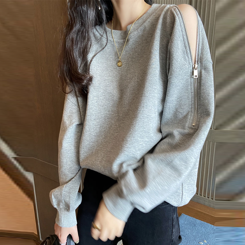 拉鍊露肩大學T 春秋新款 寬鬆顯瘦 長袖圓領