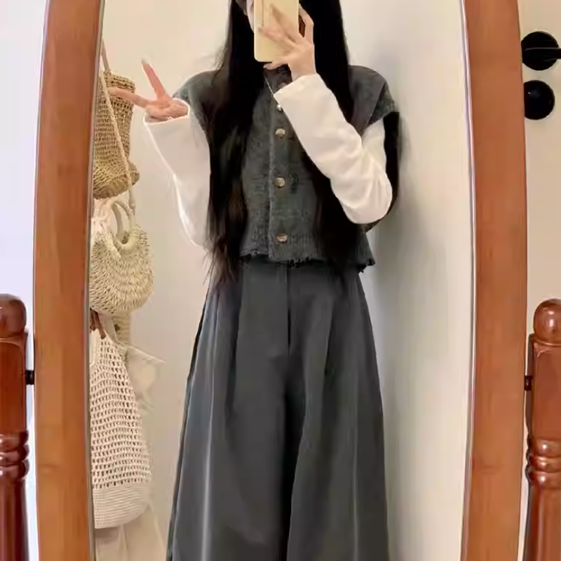 【單品可選】韓系復古風寬鬆短版針織背心毛衣+長袖上衣+超顯瘦寬褲三件套