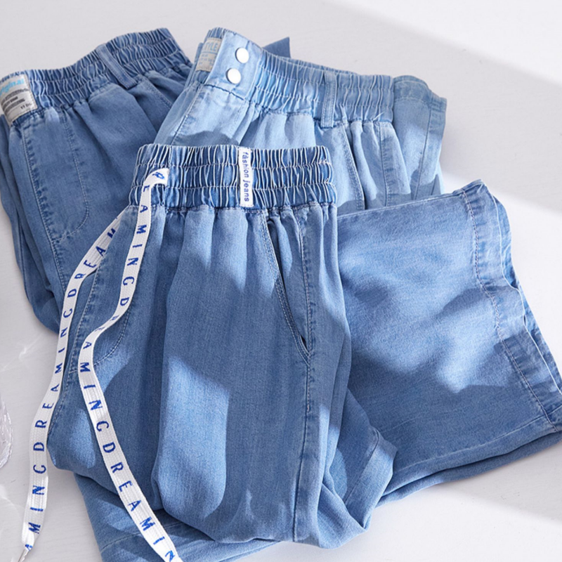 大尺寸天絲牛仔褲 夏季薄款鬆緊高腰顯瘦垂感直筒褲 150公斤可穿