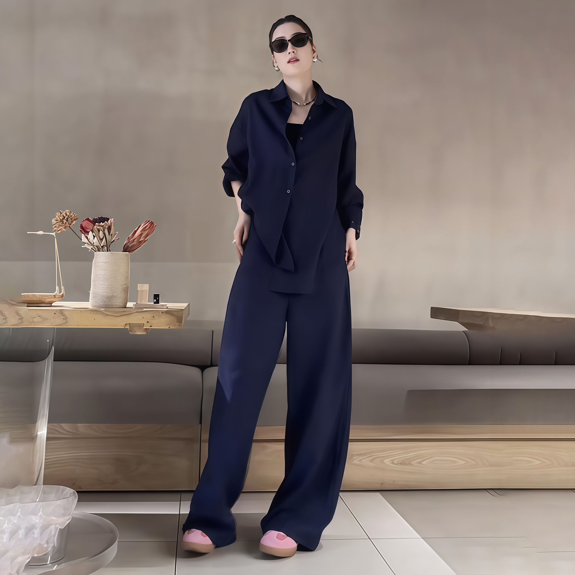 極簡風通勤兩件式套裝 深藍寬鬆襯衫＋休閒寬褲 氣質高級感