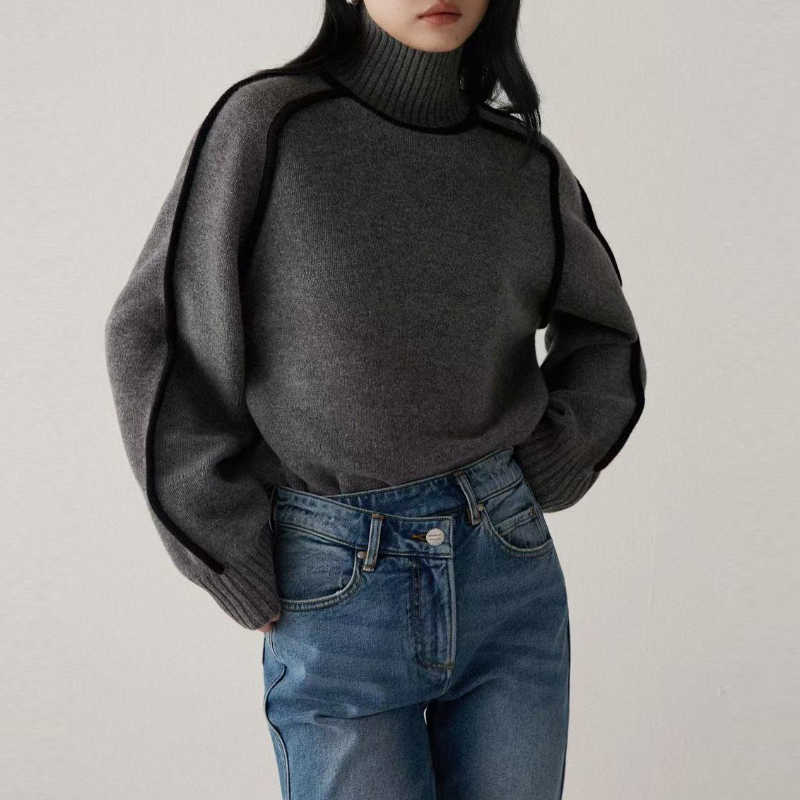高領插肩針織毛衣 法式感燈籠袖 滾邊設計 寬鬆版型
