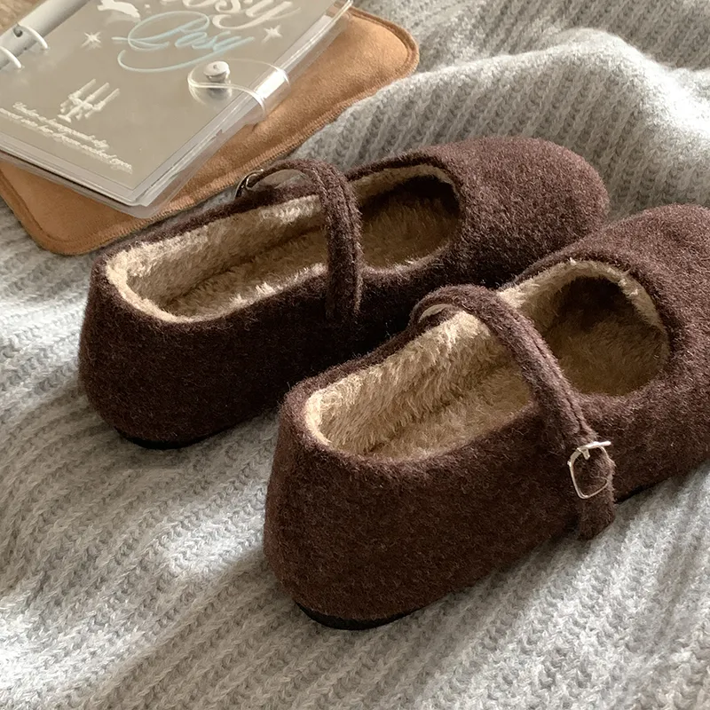 混色高級灰法式瑪麗珍毛毛鞋 內刷毛保暖 秋冬外穿平底鞋