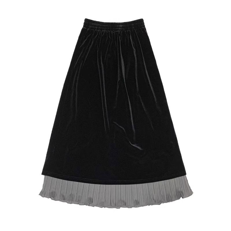 多巴胺絲絨撞色半身裙女2024秋冬新款黑色高腰氣質半裙假兩件