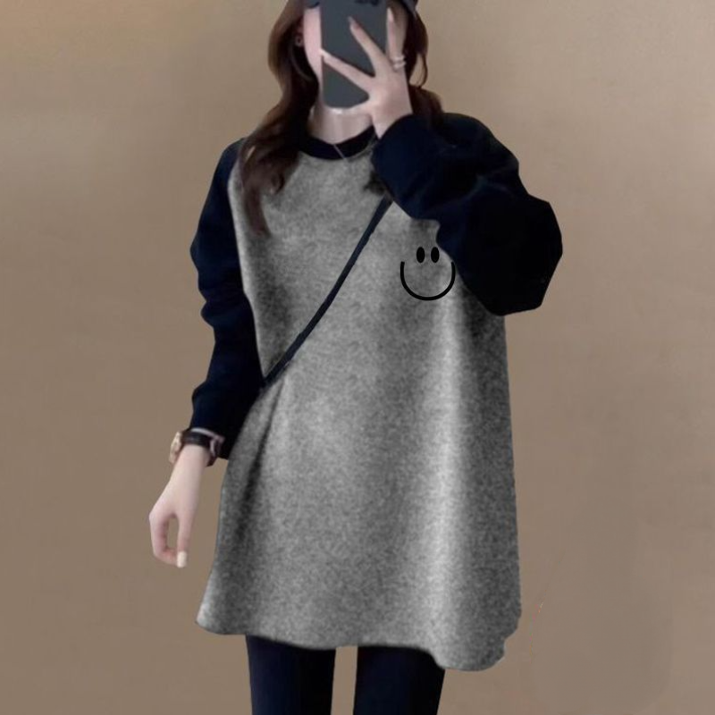 長版拼色磨毛上衣 寬鬆顯瘦 加厚保暖 搭配鯊魚褲超好看