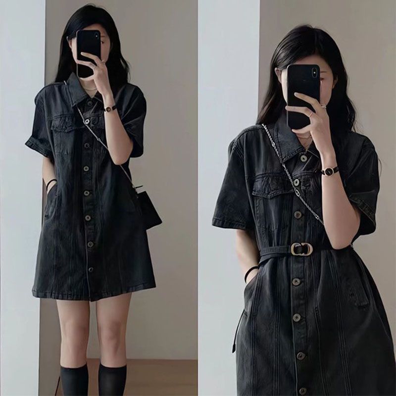 韓系·時尚休閒單排扣polo領工裝裙短洋裝