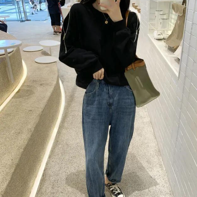 拉鍊露肩大學T 春秋新款 寬鬆顯瘦 長袖圓領