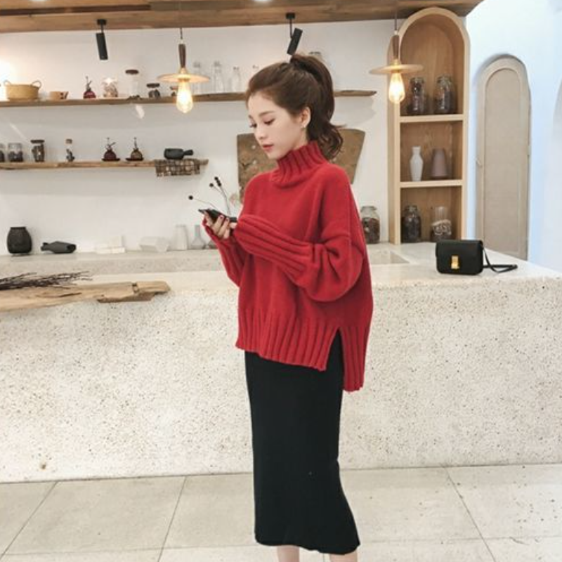 寬鬆高領針織毛衣 落肩版型 加長羅紋下擺與袖口