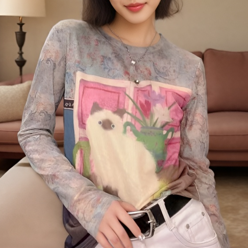 雙層網紗貓咪印花長袖上衣 輕薄透氣修飾身形款