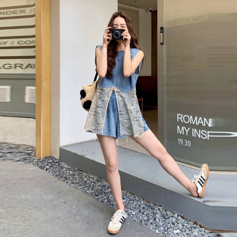 韓系穿搭古董蕾絲馬甲 × 丹寧短褲​度假組​