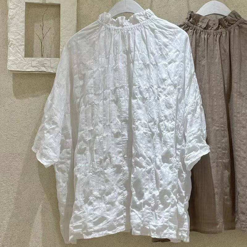 文青款​棉麻襯衫 雙面神級穿法 荷葉領文藝復古五分袖休閒上衣