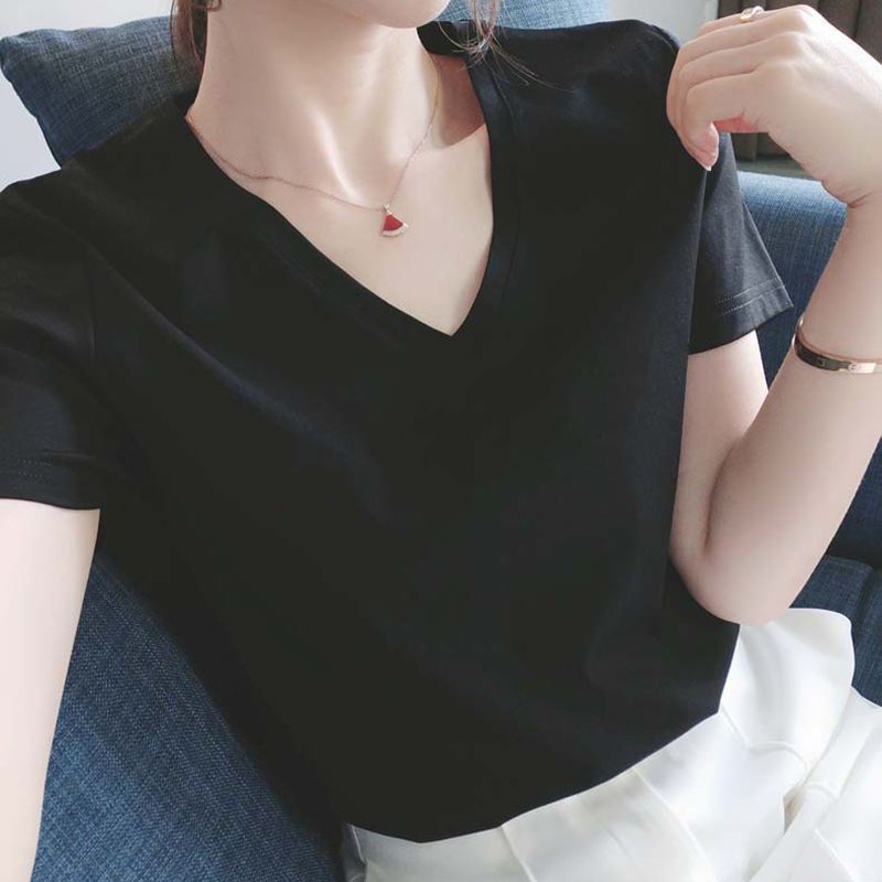 S-4XL/ 棉質 正肩短袖T恤 韓國顯瘦剪裁 V領微甜心機