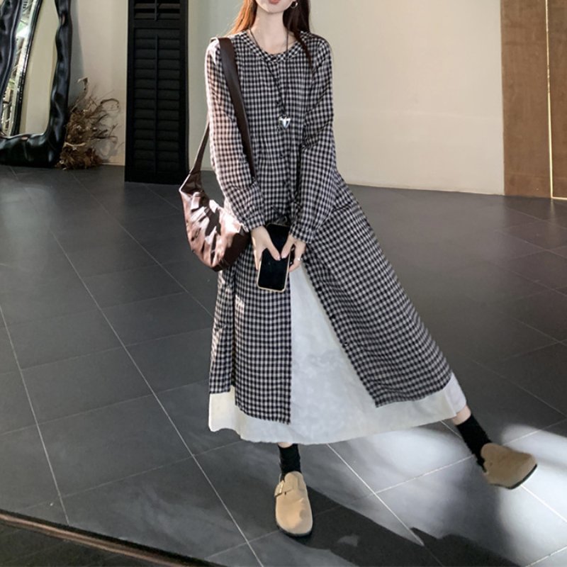 日系復古格紋襯衫洋裝 長袖寬鬆 可層次穿搭 慵懶風（嬌小友善）
