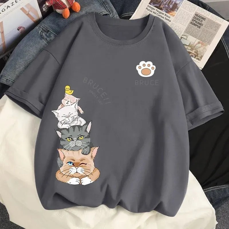 純棉萌貓印花短袖上衣-夏季寬鬆好搭 輕鬆休閒風