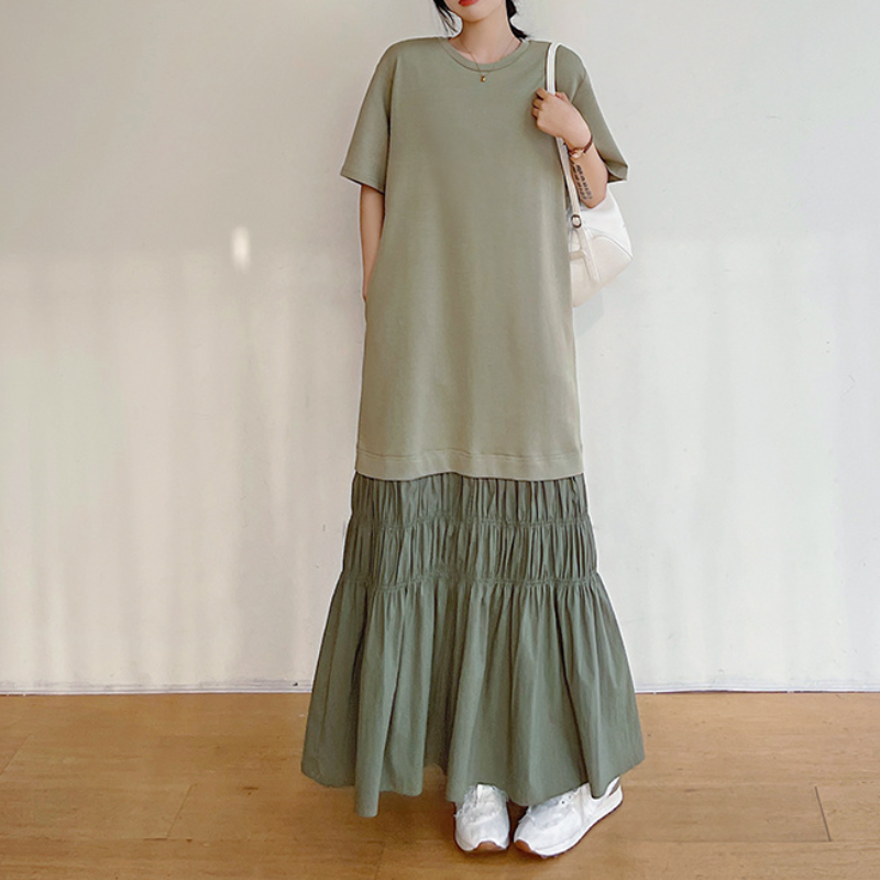 氧氣感落地傘擺洋裝 錯位拼接剪裁 冰絲罩衫藏腹棉質連身裙