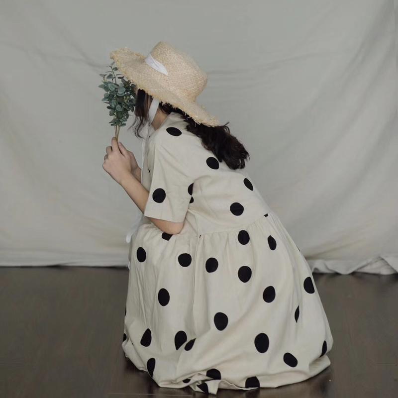 文藝復古波點棉麻長洋 大碼寬鬆棉麻連身裙 復古V領短袖棉麻長裙