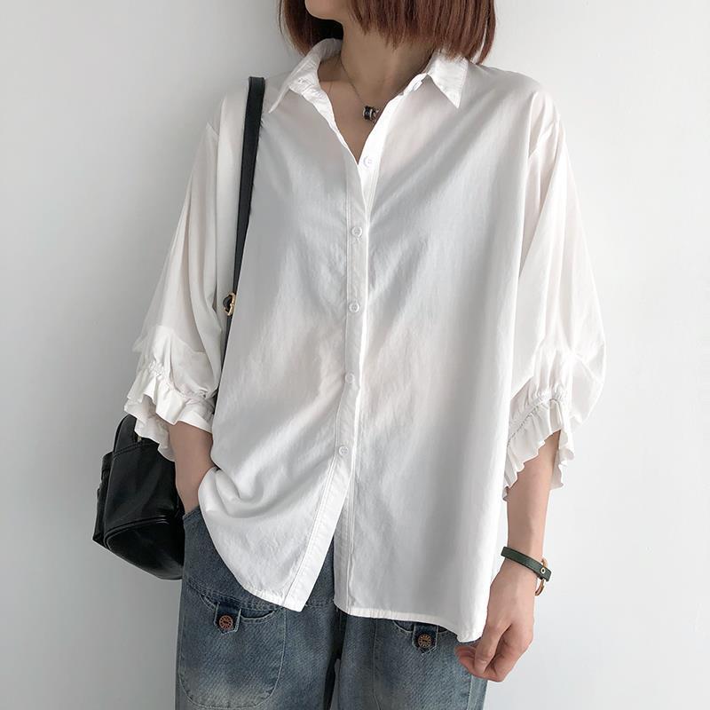 韓版寬鬆燈籠袖襯衫-春夏薄款大尺碼七分袖上衣