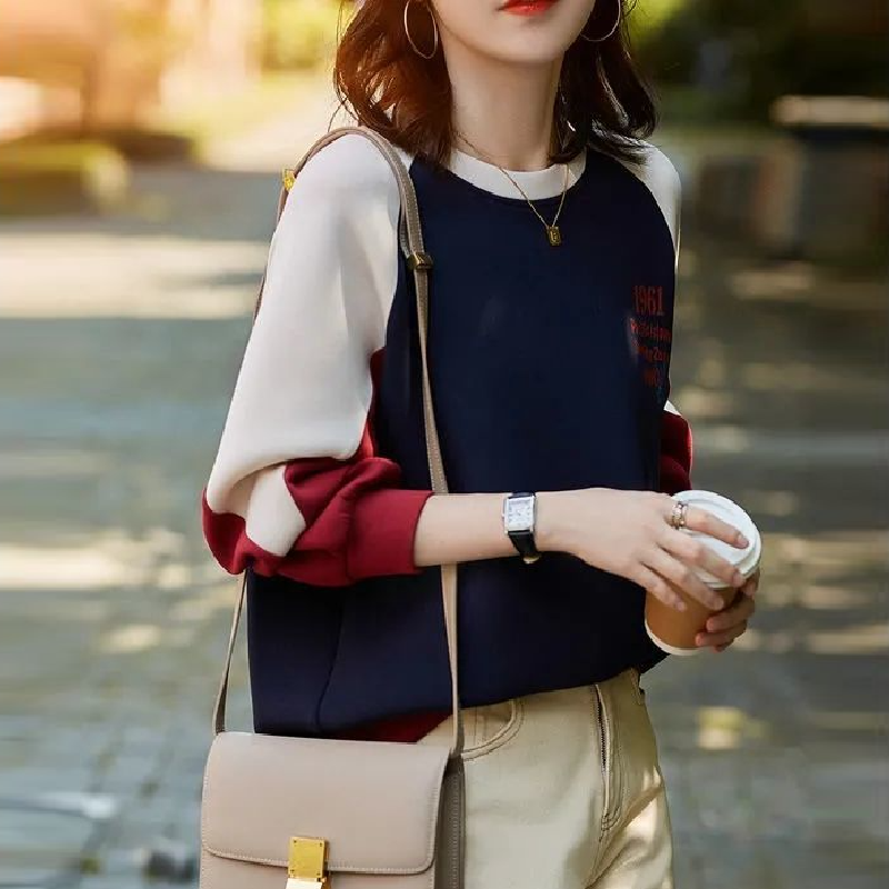 秋季拼接長袖上衣 寬鬆時尚圓領T恤