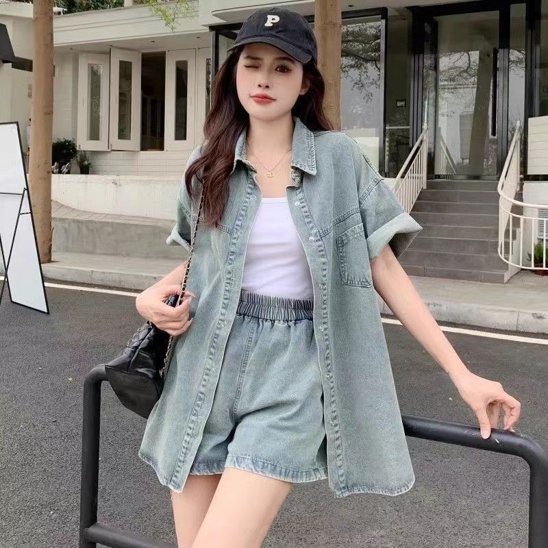 水洗彈力牛仔套裝 復古風可拆式牛仔兩件套 休閒短袖襯衫+寬鬆短褲