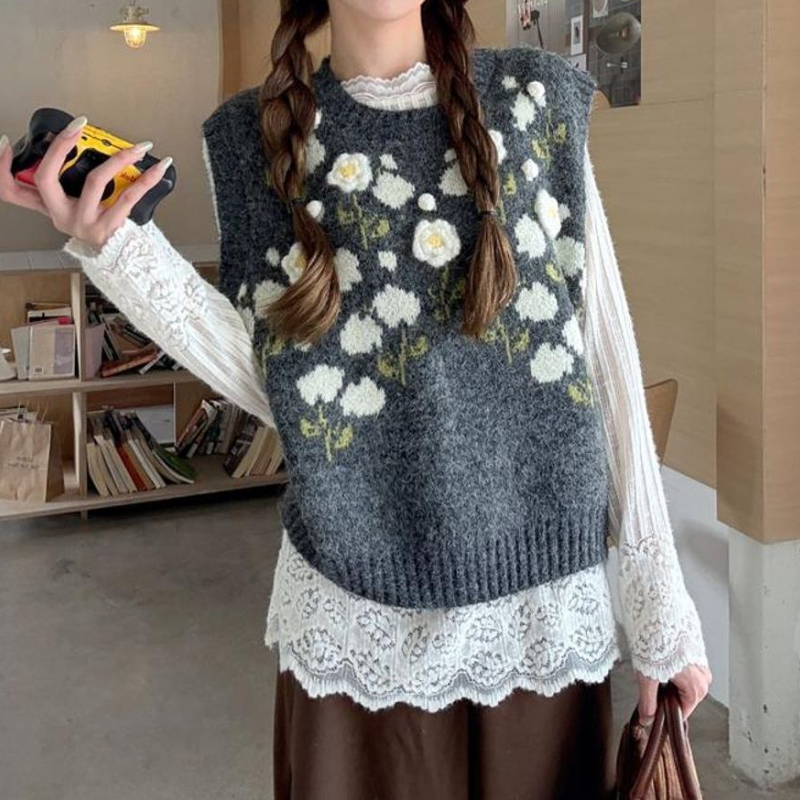 【單品可選】韓系提花針織背心+蕾絲拼接上衣 秋季寬鬆慵懶風背心 花卉刺繡設計
