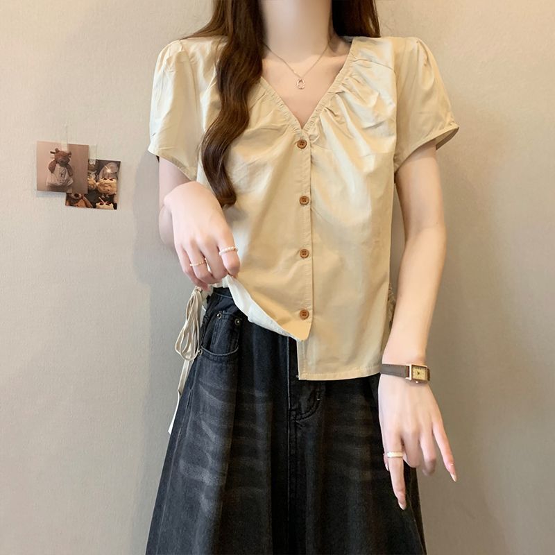 設計感皺皺v領短袖襯衫 顯瘦寬鬆百搭抽繩短款上衣