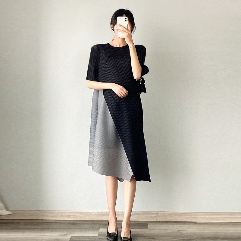 簡約 ‧ 三宅褶皺拼色連身裙 長袖款/五分袖款