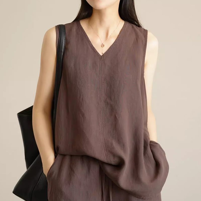 棉麻素面無袖背心＋短褲兩件式套裝 寬鬆透氣休閒款（可單買）