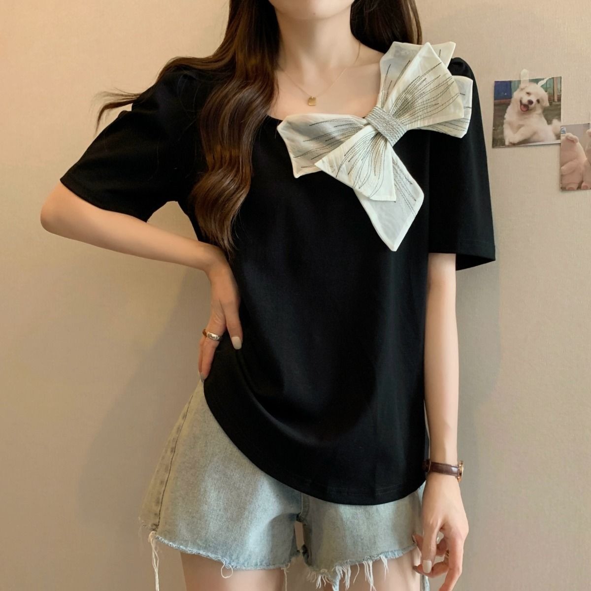 M-4XL蝴蝶結黑色短袖小方領T恤女設計感小眾氣質減齡上衣