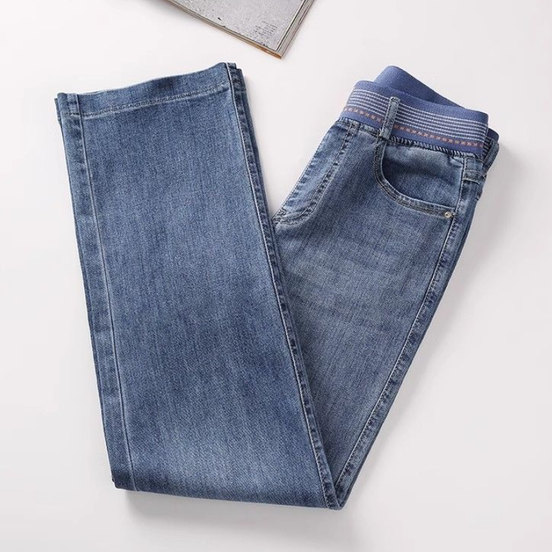 日系高腰牛仔褲 鬆緊腰設計 寬版直筒修飾腿型 顯瘦款