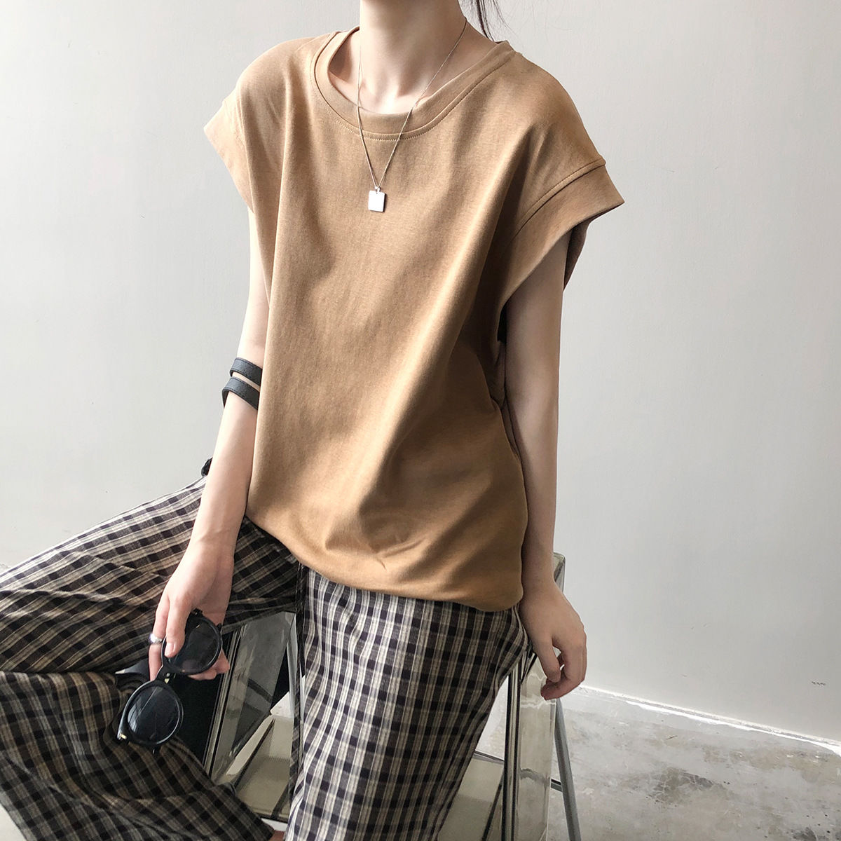 通勤百搭設計感小飛袖 無袖T恤 寬鬆 純棉大版 無袖T恤背心上衣T