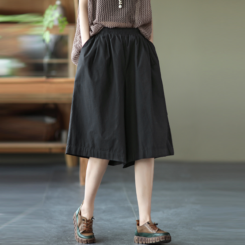 純棉寬版中長褲 鬆緊腰設計 文青休閒風