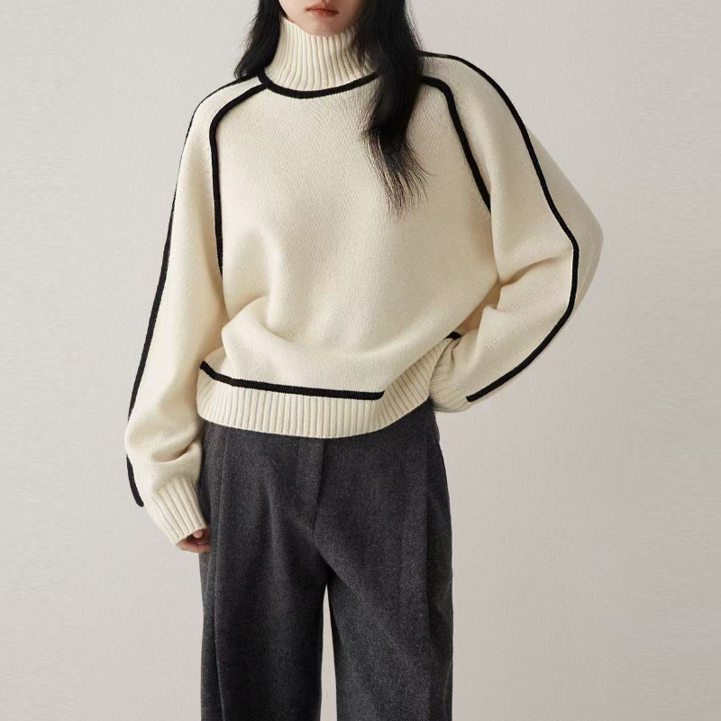 高領插肩針織毛衣 法式感燈籠袖 滾邊設計 寬鬆版型