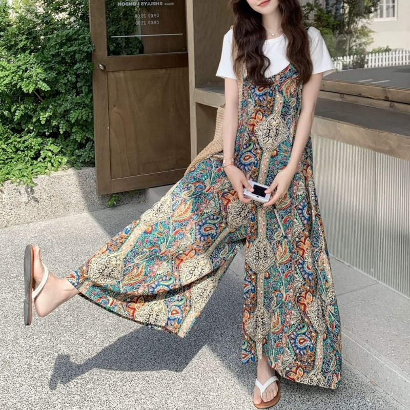 波西米亞拼接印花連身寬褲 復古百搭背帶式寬褲設計款