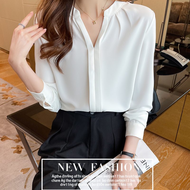 韓版v領雪紡白色襯衫女士長袖年春秋季職業正裝氣質上衣內搭上衣