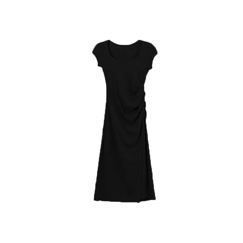 法式氣質收腰短袖連身裙 小眾設計圓領短裙