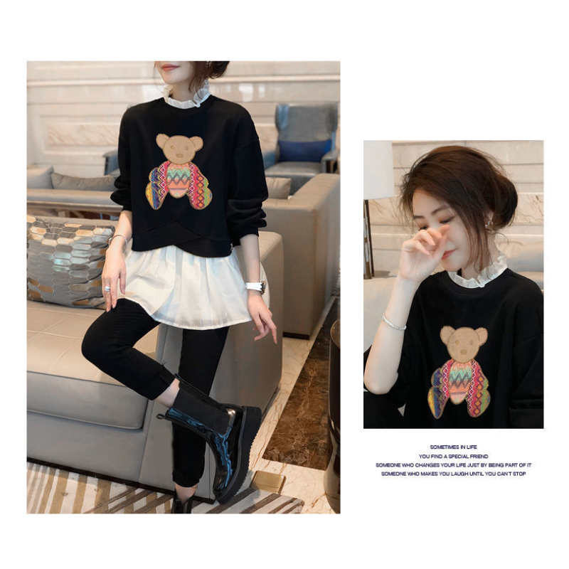 黑色卡通假兩件上衣 韓版設計感小眾上衣秋冬