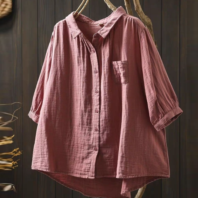 雙層棉紗寬鬆襯衫 五分袖設計 文青休閒百搭上衣