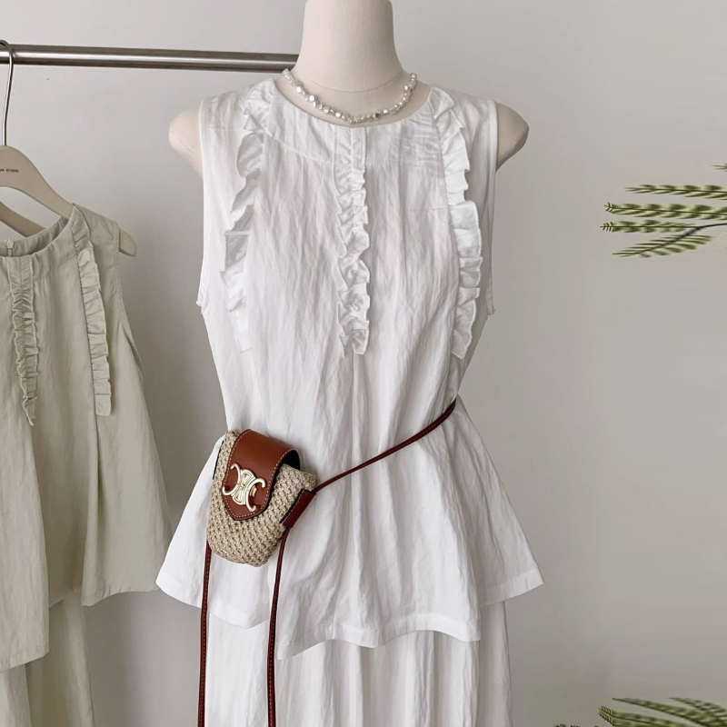 韓系木耳邊背心＋寬褲兩件式套裝 寬鬆修身顯瘦款 大尺碼友善版型