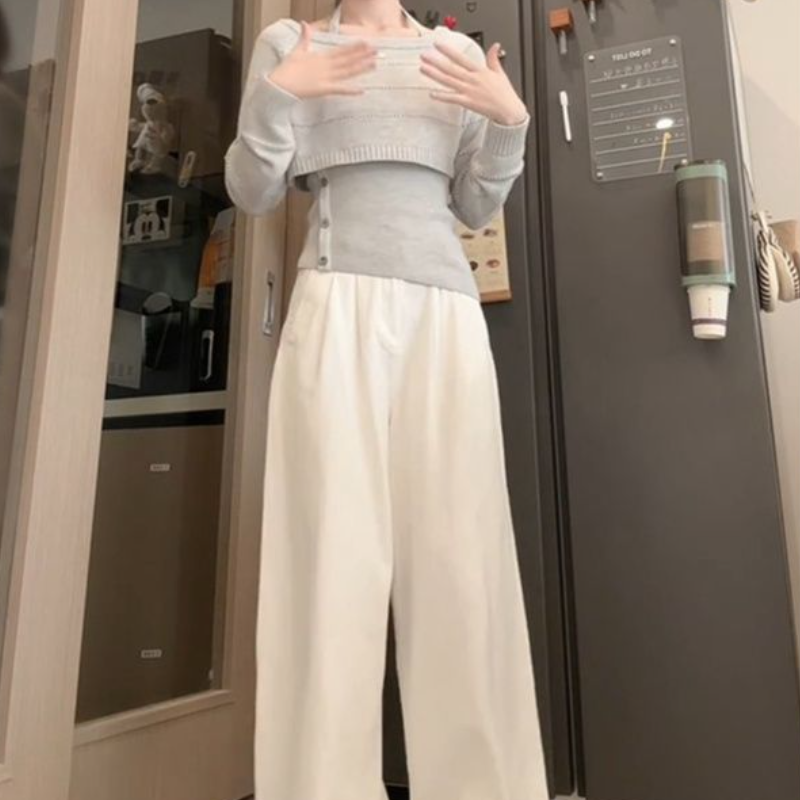 韓系設計感掛脖背心+針織上衣兩件組 鏤空短版層次穿搭款