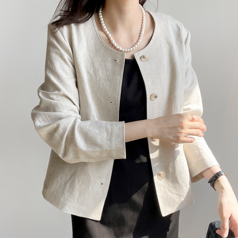 韓系棉麻薄外套 長袖開襟 圓領小西裝版