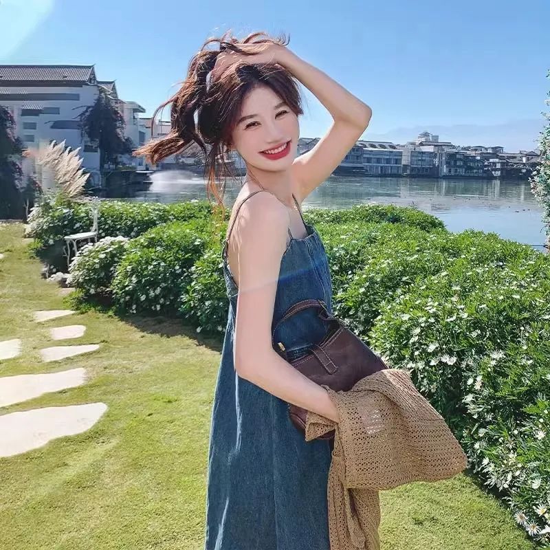 【單品可選】法式復古牛仔吊帶連身裙套裝 韓版針織罩衫+吊帶裙