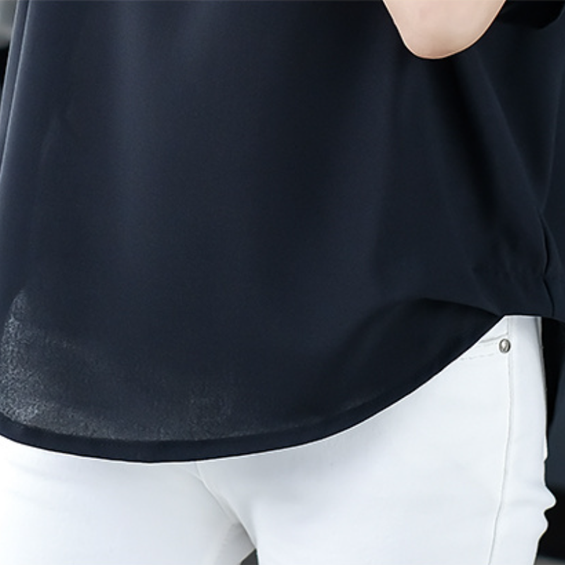 女人魅力UP通勤透膚雪紡衫黑色短袖v領 韓版襯衣