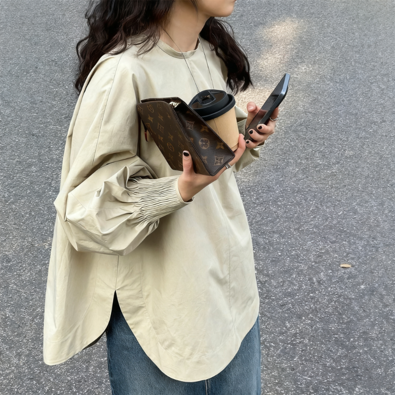 法式燈籠袖上衣 秋季新款 韓系寬鬆 插肩袖 套頭中長版 彈性縮口