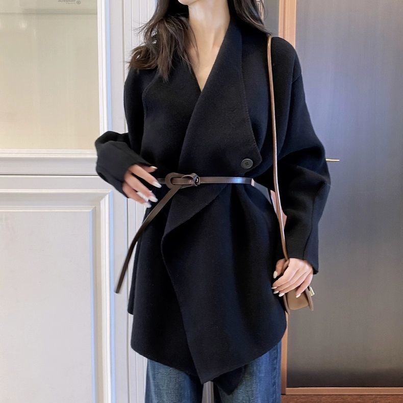 韓系V領針織外套＋高腰寬褲牛仔 兩件套 灰色上衣 綁帶設計