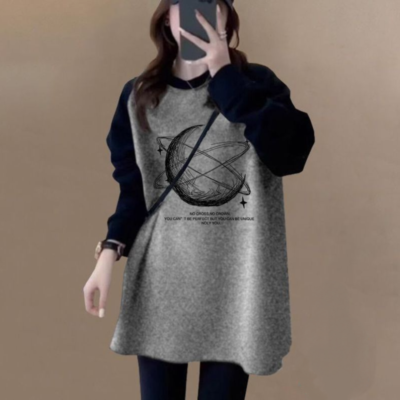 長版拼色磨毛上衣 寬鬆顯瘦 加厚保暖 搭配鯊魚褲超好看