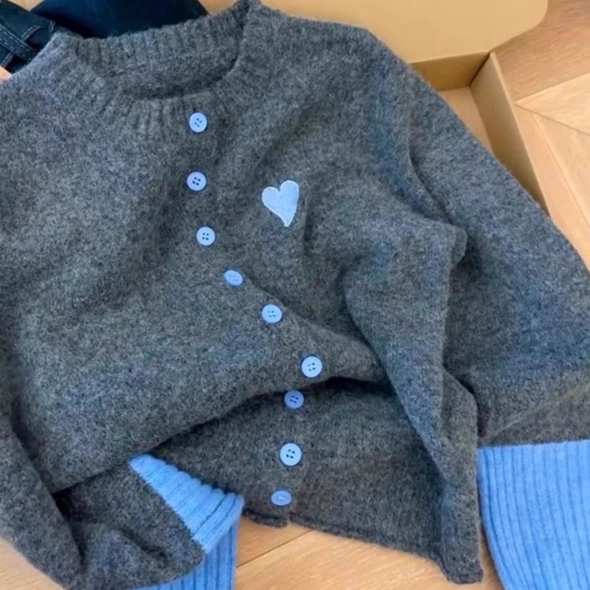 撞色袖口設計針織開衫 柔軟內搭 高級灰毛衣