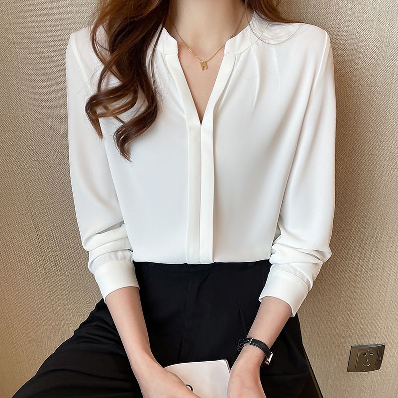 韓版v領雪紡白色襯衫女士長袖年春秋季職業正裝氣質上衣內搭上衣
