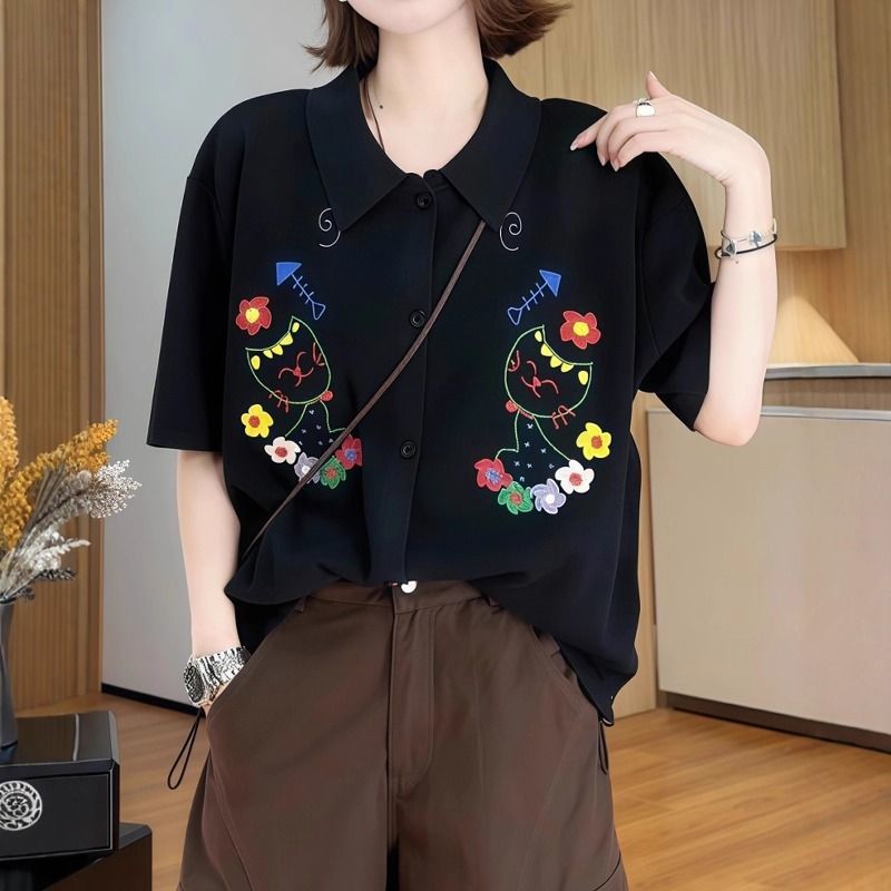 貓咪刺繡翻領短袖上衣 寬鬆造型設計款