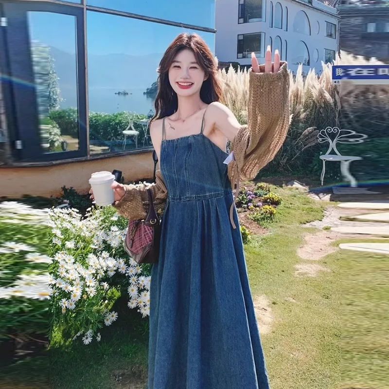 【單品可選】法式復古牛仔吊帶連身裙套裝 韓版針織罩衫+吊帶裙